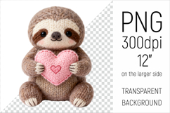 Knitted Valentine Sloth with Heart Clipart. Ideal for sublimation projects, Valentines Day gifts, mugs, T-shirts, cards, stickers, scrapbooking, nursery decor, planners, and digital crafts.