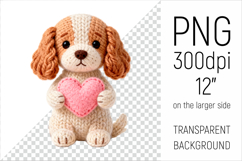 Knitted Valentine Spaniel with Heart Clipart. Ideal for sublimation projects, Valentines Day gifts, mugs, T-shirts, cards, stickers, scrapbooking, nursery decor, planners, and digital crafts.