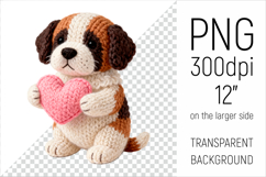 Knitted Valentine St Bernard Dog with Heart Clipart. Ideal for sublimation projects, Valentines Day gifts, mugs, T-shirts, cards, stickers, scrapbooking, nursery decor, planners, and digital crafts.
