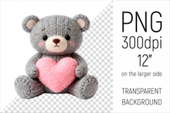 Knitted Valentine Teddy Bear with Heart Clipart. Ideal for sublimation projects, Valentines Day gifts, mugs, T-shirts, cards, stickers, scrapbooking, nursery decor, planners, and digital crafts.
