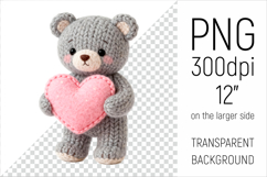 Knitted Valentine Teddy Bear with Heart Clipart. Ideal for sublimation projects, Valentines Day gifts, mugs, T-shirts, cards, stickers, scrapbooking, nursery decor, planners, and digital crafts.