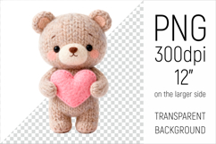 Knitted Valentine Teddy Bear with Heart Clipart. Ideal for sublimation projects, Valentines Day gifts, mugs, T-shirts, cards, stickers, scrapbooking, nursery decor, planners, and digital crafts.