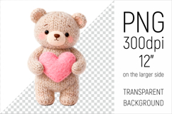Knitted Valentine Teddy Bear with Heart Clipart. Ideal for sublimation projects, Valentines Day gifts, mugs, T-shirts, cards, stickers, scrapbooking, nursery decor, planners, and digital crafts.