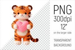 Knitted Valentine Tiger with Heart Clipart. Ideal for sublimation projects, Valentines Day gifts, mugs, T-shirts, cards, stickers, scrapbooking, nursery decor, planners, and digital crafts.