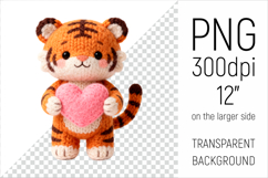 Knitted Valentine Tiger with Heart Clipart. Ideal for sublimation projects, Valentines Day gifts, mugs, T-shirts, cards, stickers, scrapbooking, nursery decor, planners, and digital crafts.