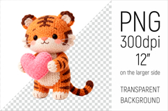 Knitted Valentine Tiger with Heart Clipart. Ideal for sublimation projects, Valentines Day gifts, mugs, T-shirts, cards, stickers, scrapbooking, nursery decor, planners, and digital crafts.
