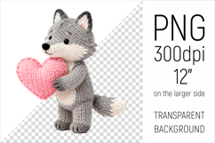 Knitted Valentine Wolf with Heart Clipart. Ideal for sublimation projects, Valentines Day gifts, cards, stickers, nursery decor, planners, and digital crafts.