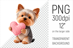 Knitted Valentine Yorkshire Terrier with Heart Clipart. Ideal for sublimation projects, Valentines Day gifts, mugs, T-shirts, cards, stickers, scrapbooking, nursery decor, planners, and digital crafts.