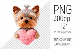 Knitted Valentine Yorkshire Terrier with Heart Clipart. Ideal for sublimation projects, Valentines Day gifts, mugs, T-shirts, cards, stickers, scrapbooking, nursery decor, planners, and digital crafts.