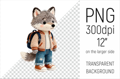 Knitted Wolf with Backpack Clipart. Perfect for school projects, graduation gifts, teacher appreciation designs, and educational materials.