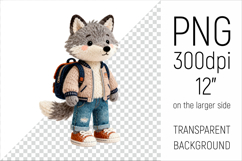 Knitted Wolf with Backpack Clipart. Perfect for school projects, graduation gifts, teacher appreciation designs, and educational materials.