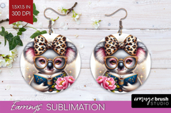 Koala Reading Round Earrings Book Lover PNG Sublimation Product Image 1