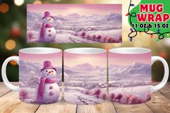 Pink Christmas Watercolor Mug Wrap PNG, Snowman Sublimation Product Image 1