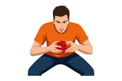 Young man solving red Rubiks Cube puzzle wearing orange shir Product Image 1