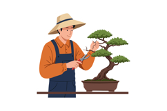 Man trimming bonsai tree with pruning shears in garden hat a Product Image 1