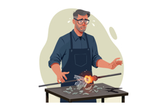 Glassblower working with molten glass and broken shards on t Product Image 1