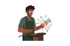 Glassblower crafting hot glass with tools in workshop vector Product Image 1