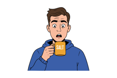 Surprised man holding orange salt mug wearing blue hoodie ve Product Image 1