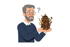 Older man holding antique clock with confused expression vec Product Image 1
