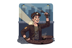Urban explorer with flashlight emerging from manhole in city Product Image 1