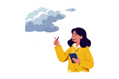 Young woman in yellow jacket pointing at clouds with tablet Product Image 1