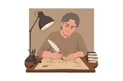 Man writing with quill pen on old map at desk with books and Product Image 1
