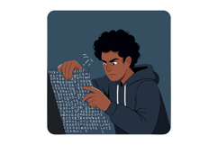 Young man decoding encrypted message with focused expression Product Image 1