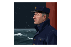 Sea captain in navy uniform looking at stormy ocean waves at Product Image 1