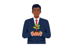 Businessman in navy suit holding green plant with soil symbo Product Image 1