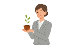 Woman holding small potted green plant in gray suit vector i Product Image 1