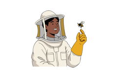 Beekeeper in protective suit holding bee on finger illustrat Product Image 1