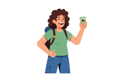 Happy woman backpacker showing photo card in casual outfit v Product Image 1