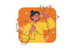 Frustrated woman tangled in colorful Christmas string lights Product Image 1