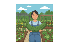 Woman Holding Large Cucumber in Vegetable Garden with Green Product Image 1