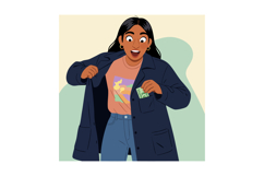 Woman Taking Money Out of Coat Pocket Wearing Casual Clothes Product Image 1
