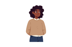 Young person with curly hair wearing brown sweater and blue Product Image 1