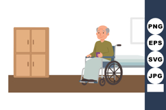 Elderly man sitting in wheelchair inside room with bed and w Product Image 1