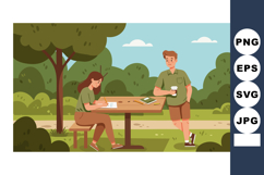Young man and woman relaxing in park with coffee and tablet Product Image 1