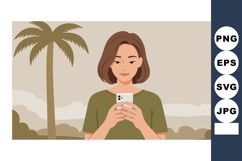Woman using smartphone with palm tree background in calm out Product Image 1