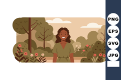 Woman standing in green nature park with trees and flowers v Product Image 1