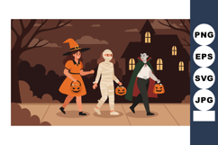 Children dressed in Halloween costumes walking with pumpkin Product Image 1