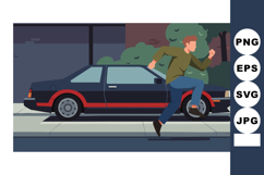 Man Running Next to Black Car with Red Stripe Urban Street S Product Image 1