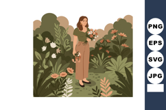 Woman holding flowers in green garden with brown tones natur Product Image 1