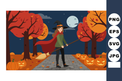 Woman dressed as witch walking with broomstick in autumn pum Product Image 1