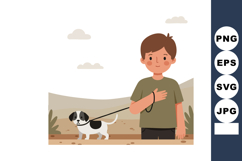 Boy walking dog on leash outside in nature landscape vector Product Image 1
