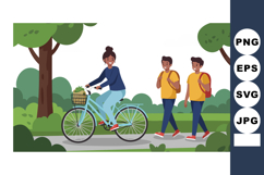Woman riding bicycle with two boys walking in park outdoor a Product Image 1
