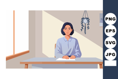 Woman Sitting at Desk in Minimalist Room with Hanging Plant Product Image 1