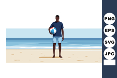 Man holding volleyball on beach shore with ocean waves in ba Product Image 1