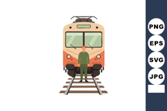 Man standing on railway tracks in front of approaching train Product Image 1