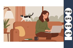 Woman working on laptop at home with cat on couch in cozy li Product Image 1